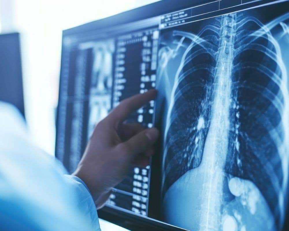 A clinician examining a chest X-ray of the lungs and ribcage displayed on a monitor.