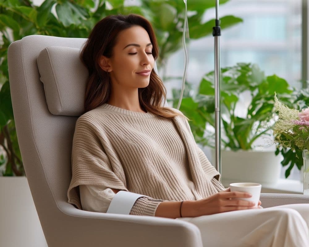 A relaxed patient reclining in a wellness chair while receiving an intravenous drip, holding a warm drink in a bright, plant-filled clinic room.