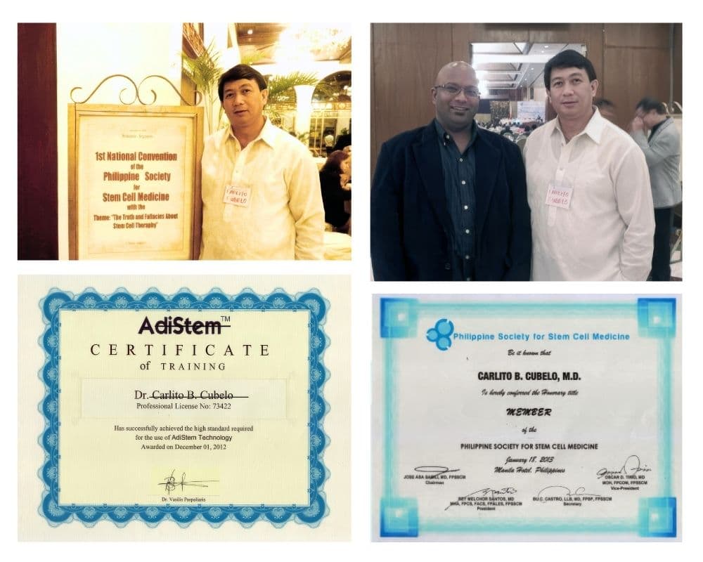 A collage of Dr. Cubelo's conference photographs and certificates, including a Philippine Society for Stem Cell Medicine membership and an AdiStem certificate of training.