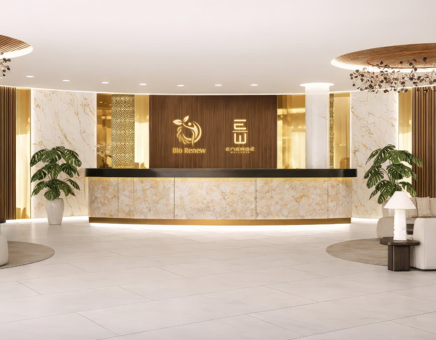 The reception lobby at BioRenew Longevity & Wellness Institute, with a marble desk and the Bio Renew and Energe Wellness signage.